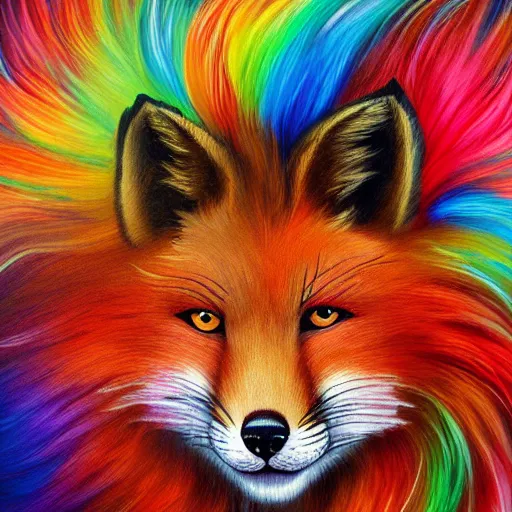 Prompt: cute fluffy fox cat mixed creature with long colorful flowing lion mane with mohawk hairstyle hybrid animal detailed painting 4 k