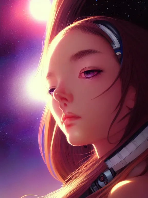 Image similar to close up picture of a space girl looking at the camera, bored, coveted, beautiful and aesthetic, intricate, unreal engine, messy hair, highly detailed, detailed face, smooth, sharp focus, chiaroscuro, manga illustration, artgerm, greg rutkowski, ilya kuvshinov, rossdraws, alphonse mucha, young adult light novel cover art