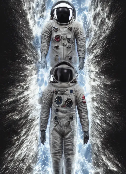 Image similar to astronaut in dark void underwater - complex and hyperdetailed technical suit design. reflection and dispersion materials. rays and dispersion of light. volumetric light. f / 3 2. noise film photo. flash photography. ultra realistic, 5 0 mm. poster by wayne barlowe, hajime sorayama aaron horkey, craig mullins