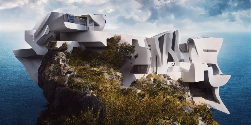 Image similar to architectural photography, modern house on top of a cliff designed by zaha hadid, wonderful masterpiece highly detailed, beautiful cinematic light deep focus, elegant, digital painting, smooth, sharp focus, golden ratio, dramatic illumination, ultra realistic, 8 k, art by artemisia lomi gentileschi and caravaggio