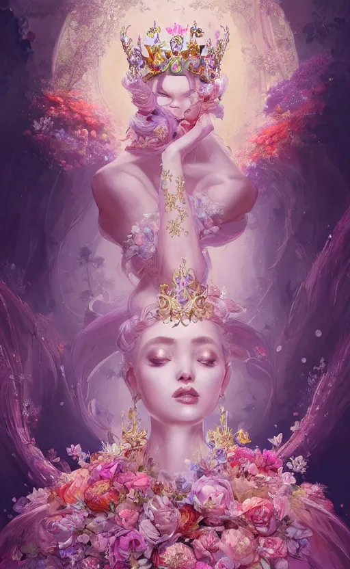 Prompt: A beautiful fantasy empress, highly detailed full body, breathtaking flower tiara, gorgeous aristocrat robe, beautiful figure, epic composition, ultra wide-shot, dynamic pose, concept art, beautifully lit, digital painting, smooth, character design, sharp focus, elegant, intricate, artstation, by WLOP and James Jean and Victo Ngai and Ryohei Hase