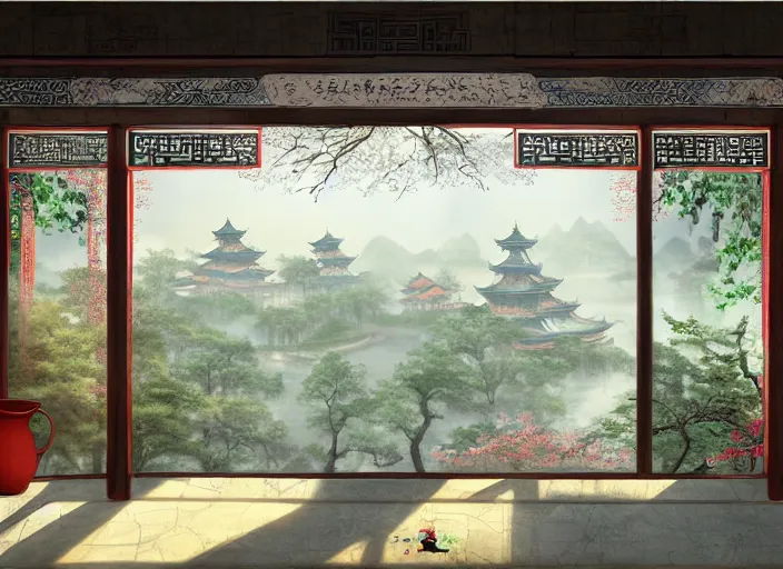 Prompt: view through window, magnificent city in ancient china in late spring, flowers will fade, some fog, realistic style, high details, scene concept., trending on artstation