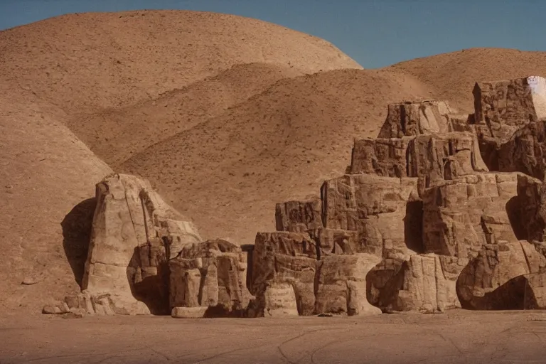 Image similar to film still of monumental gigantic prehuman building in the desert, by Étienne-Louis Boullée ektachrome full-HD