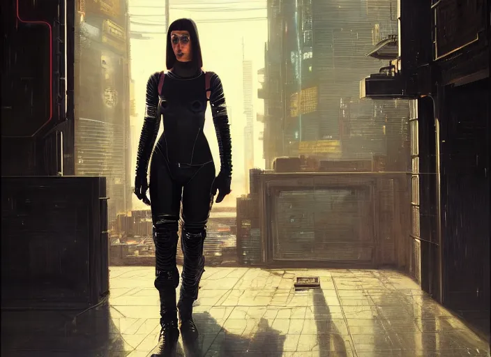 Image similar to Maria. Cyberpunk female hacker wearing stealth suit hiding from police patrol (blade runner 2049, cyberpunk 2077). Orientalist portrait by john william waterhouse and James Gurney and Theodore Ralli and Nasreddine Dinet, oil on canvas. Cinematic, hyper realism, realistic proportions, dramatic lighting, high detail 4k