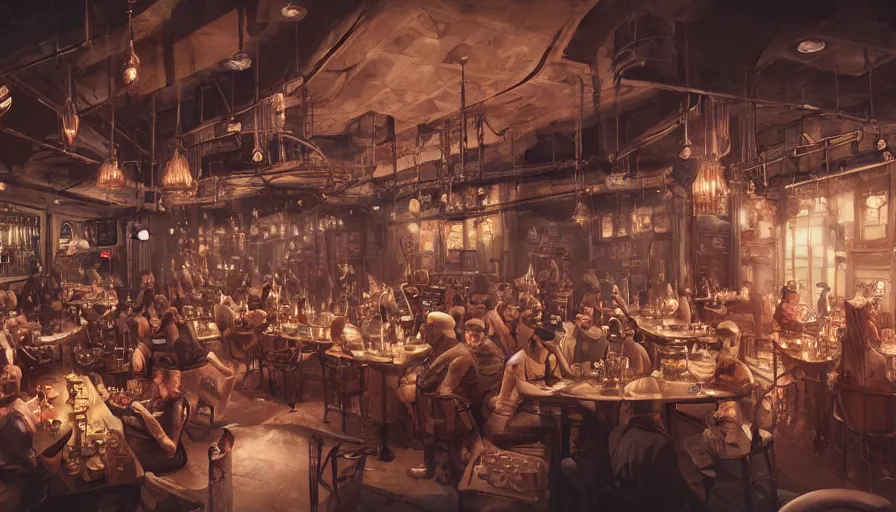 Prompt: Interior of a steampunk crowded restaurant with smoking machines, hyperdetailed, artstation, cgsociety, 8k