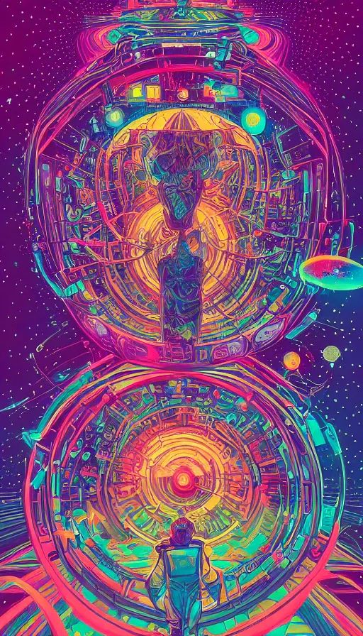 Prompt: the psychedelic adventures of the cosmic time travellers travelling through vibrant starscape, futurism, dan mumford, victo ngai, kilian eng, da vinci, josan gonzalez