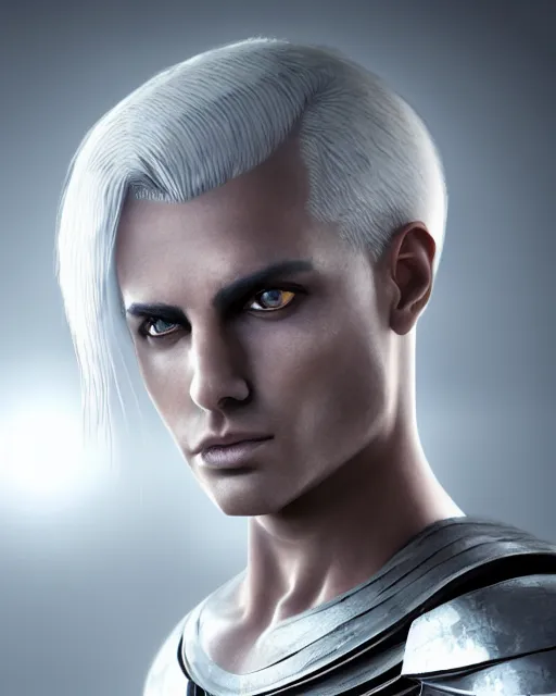 Image similar to perfect white haired egyptian male god, brute, nanosuit armor, beautiful, symmetric, dreamy, half african, black salamander eyes, charlize theron, detailed, scifi platform, laboratory, experiment, 4 k, ultra realistic, epic lighting, android body, illuminated, cinematic, masterpiece, art by akihito tsukushi, voidstar