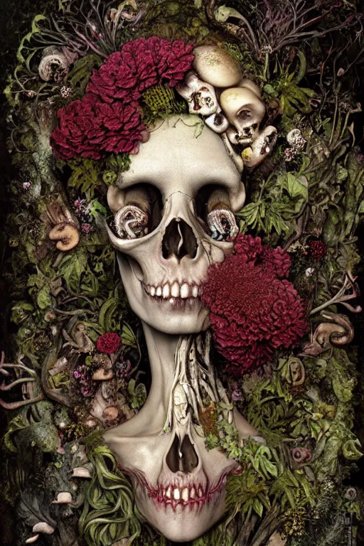 Prompt: beautiful and detailed rotten woman corpse becoming almost a skull with face muscles, veins, arteries, fractal plants and fractal flowers and mushrooms growing around, intricate, ornate, surreal, ray caesar, john constable, guy denning, dan hillier