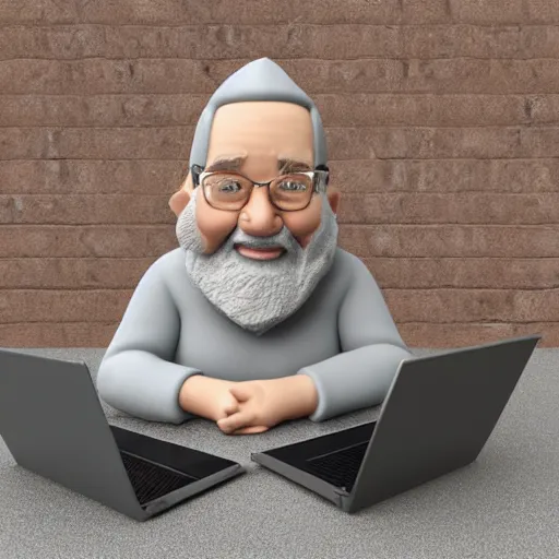 Image similar to cute clay cartoon, 3d model, trending, art render, happy smiling grey beard wizard that is zapping a laptop with electricity from his hands