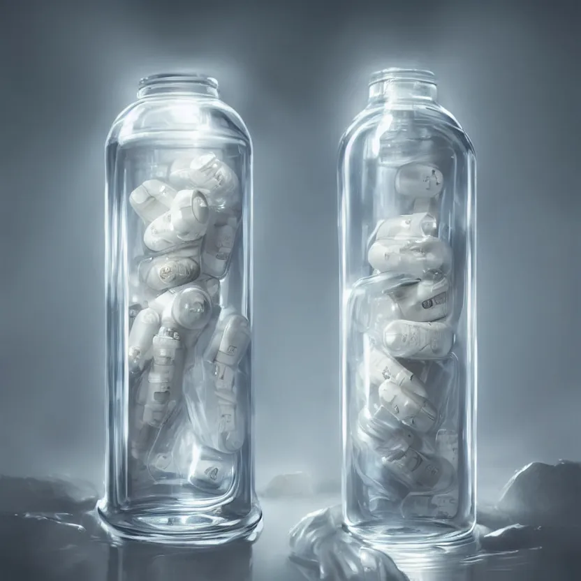 Prompt: concept art of white dietary supplement designed by porsche in a transparent bottle with big black sticker on it, by aenaluck, artgerm and roberto ferri and greg rutkowski, light blue and white tones, digital painting, artstation, concept art, smooth, sharp foccus ilustration hq