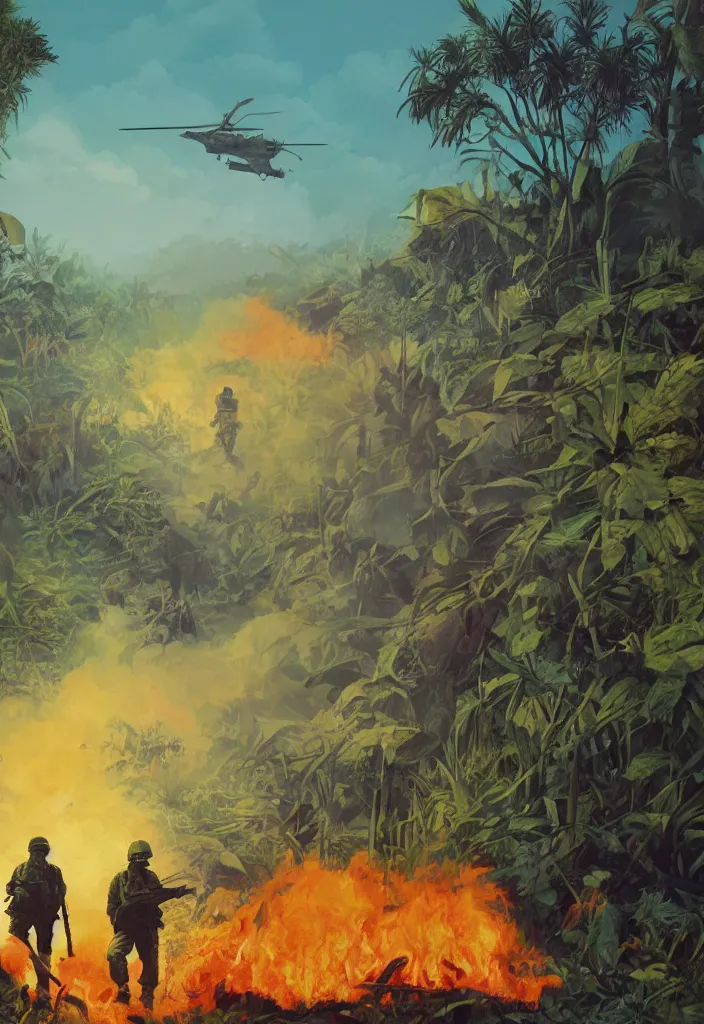 Image similar to handmade colorful illustration of an epic Vietnam War scene with a very few american soldiers walking, one american soldier at the forefront staring at the jungle, blue sky with beautiful clouds, some fire with columns of grey smoke, line art, heavy brushstrokes, oil on canvas by Kilian Eng and by Jake Parker, winning-award masterpiece, fantastic, octane render, 8K HD Resolution, High quality image