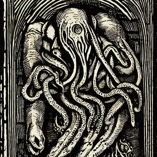 Prompt: A highly detailed woodcut of Cthulhu by Albrecht Durer