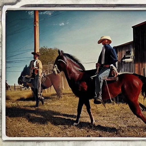 Image similar to “1965 Ford Mustang in a Wild West town with horses and people dressed in 1800s attire in background, photorealistic, high detail”