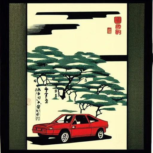 Image similar to japanese woodblock landscape print of a 1 9 8 0 honda civic