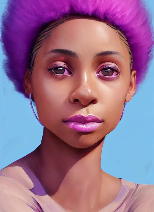 Prompt: portrait of vanessa morgan, black teenage girl, pink hair, wavy pixie haircut, purple newsboy cap, fluffy pink hair coming out from under cap, hoop earrings, subtle confident smile, intricate, elegant, glowing lights, highly detailed, digital painting, artstation, concept art, sharp focus, illustration, art by wlop, mars ravelo and greg rutkowski