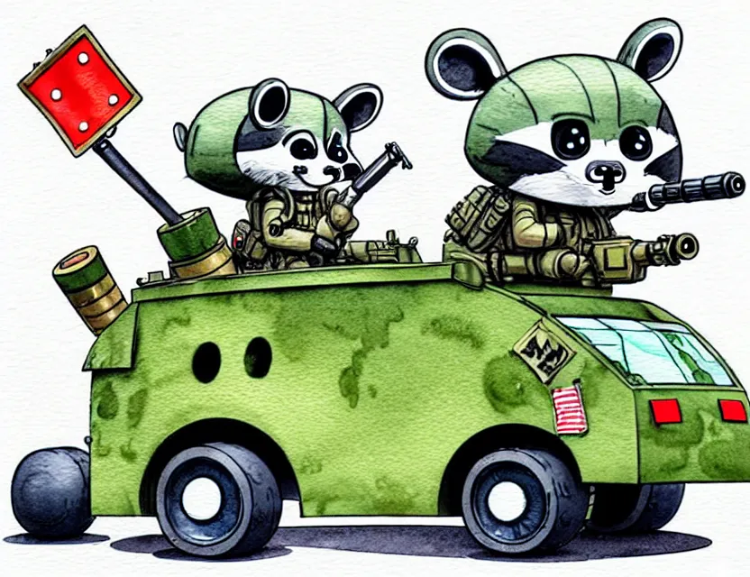 Image similar to cute and funny, racoon wearing army helmet riding in a tiny tank with large cannon, ratfink style by ed roth, centered award winning watercolor pen illustration, isometric illustration by chihiro iwasaki, edited by range murata