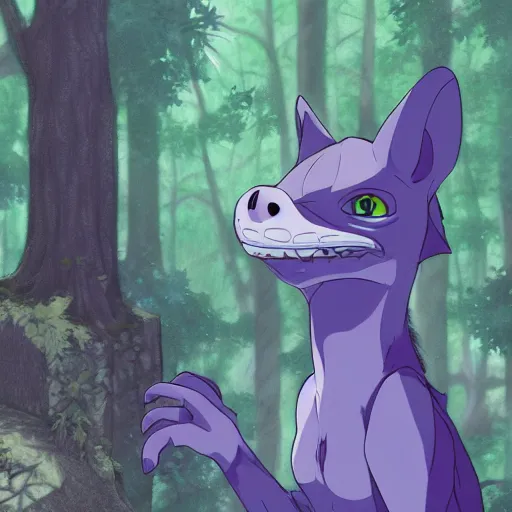 Image similar to concept art painting of an anthropomorphic purple gray hybrid reptile anime furry, in the deep forest, realistic, detailed, cel shaded, in the style of makoto shinkai and greg rutkowski and james gurney