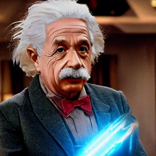 Image similar to moviestill of albert einstein as tony stark in ironman