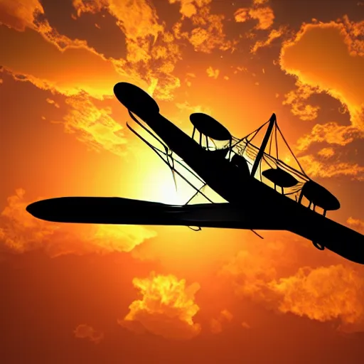 Prompt: the silhouette of a biplane flying through golden clouds at sunset, digital art, detailed, 4 k, artstation