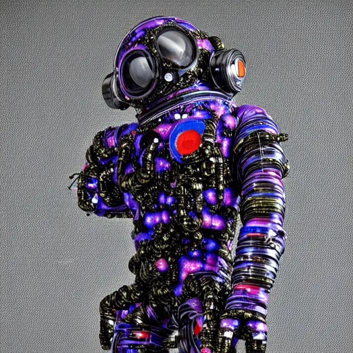 Image similar to a cybernetic symbiosis of a single astronaut mech-organic eva suit made of pearlescent wearing anodized thread knitted shiny ceramic multi colored yarn thread infected with kevlar,ferrofluid drips,carbon fiber,ceramic cracks,gaseous blob materials and diamond 3d fractal lace iridescent bubble 3d skin dotted covered with orb stalks of insectoid compound eye camera lenses orbs floats through the living room, film still from the movie directed by Denis Villeneuve with art direction by Salvador Dalí, wide lens,