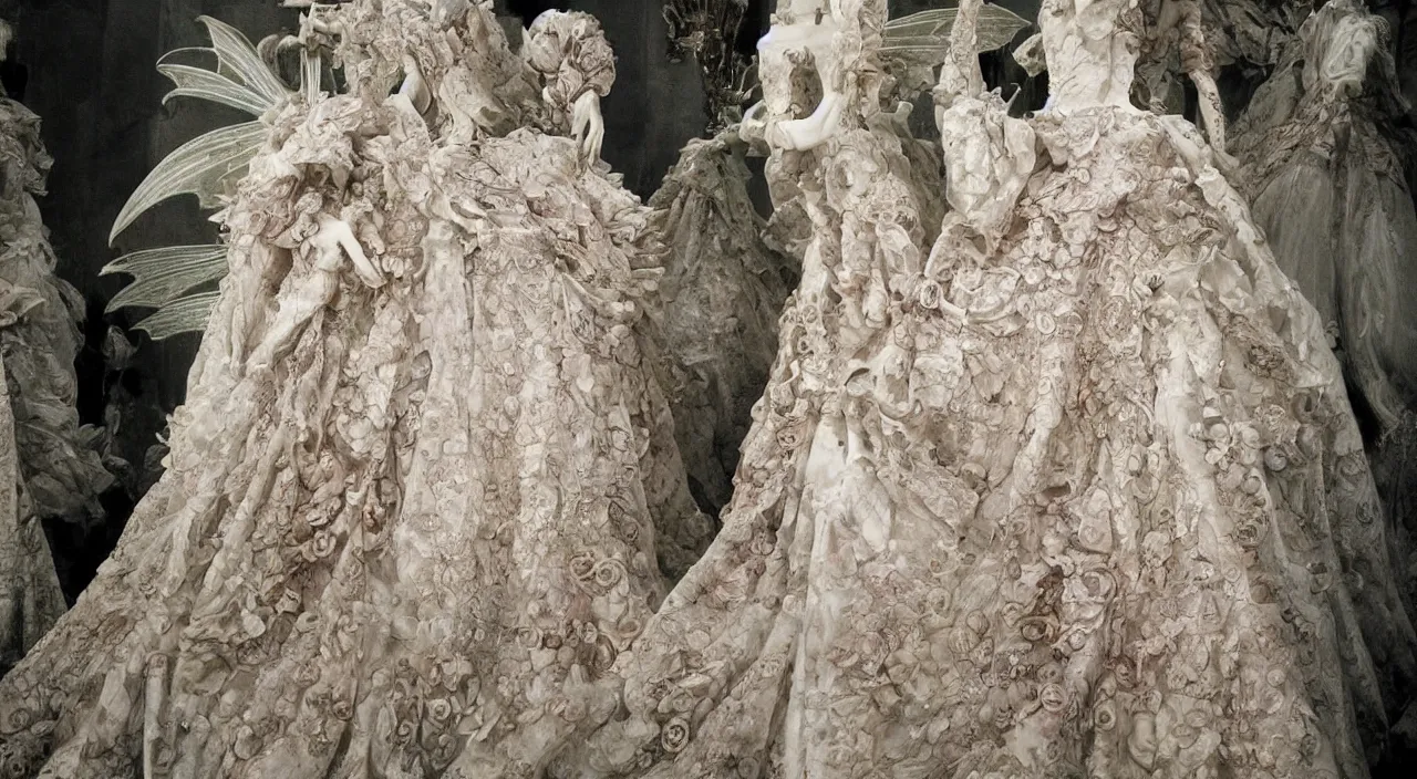 Image similar to fashion design inpired by fairy tale, for dragon queen, designed by alexander mcqueen, rococo