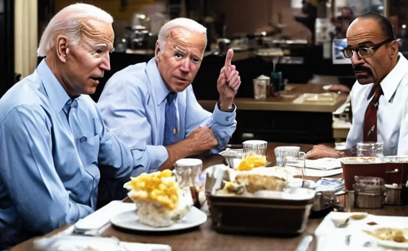Prompt: photo of joe biden and walter white in the restaurant los pollos hermanos sitting on the same table, looking at each other, ultra detailed, movie frame, cinematical composition, 4 k, breaking bad