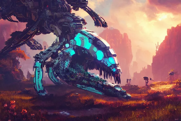 Image similar to snapmaw machine mecanical creature robot of horizon forbidden west horizon zero dawn bioluminiscence global illumination ray tracing hdr fanart arstation by ian pesty and alena aenami artworks in 4 k