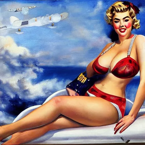 Image similar to Fully-clothed full-body portrait of Kate Upton as a pinup painting on world war II bomber