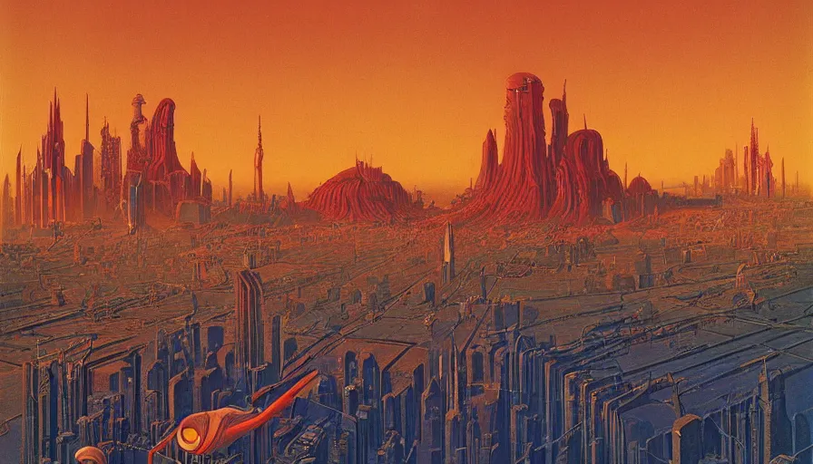 Prompt: a sprawling metropolis with flying cars, by roger dean, by dean ellis, by Jean Giraud, by Moebius, highly detailed, soft lighting, oil on canvas