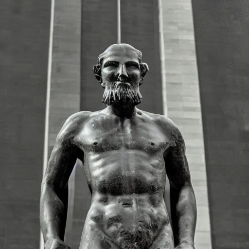 Image similar to Wet plate image of statue of a giant mythic man with black wings, age 34, outside 30 Rockefeller Center, Dark photo, Slightly blurred,