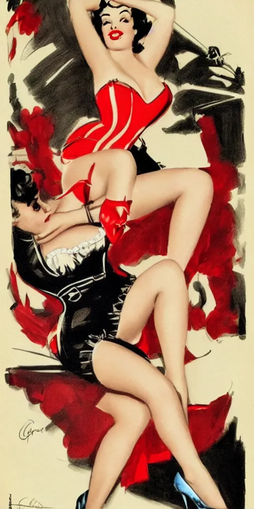 Prompt: a vintage pin - up drawing of a girl in a corset, black hair, red lips, high heels, volumetric lighting, betty page, by george petty, by art frahm, by gil elvgren