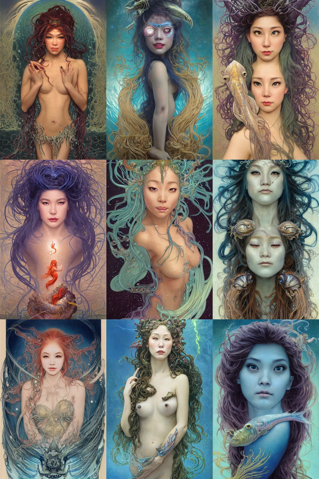 Prompt: stunning, breathtaking, awe-inspiring award-winning realistic concept art face portrait painting of anglerfish mermaid Ashley Liao as a goddess of lasers in the deep sea, sparks, by Julie Bell, Jean Delville, Virgil Finlay, Alphonse Mucha, Ayami Kojima, Amano, Charlie Bowater, Karol Bak, Greg Hildebrandt, Jean Delville, Frank Frazetta, Peter Kemp, and Pierre Puvis de Chavannesa, Art Nouveau, Neo-Gothic, gothic, rich deep colors, cyberpunk, extremely moody lighting, glowing light and shadow, atmospheric, shadowy, cinematic, depth of field, 8K