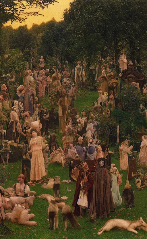 Prompt: autochrome of a midsummernight's dream renaissance forest hunting festival at sunset with masks of wolves and sheep in the style of, jugendstil, alma tadema, maxfield parrish, maurice sendak, classic japanese prints