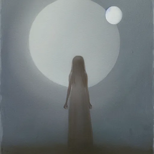 Image similar to human looking at the moon, painting by nona limmen