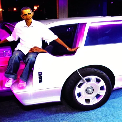 Image similar to barack obama on pimp my ride sitting in his newly upgraded presidential limo complete with a playstation 2, and a minibar. there are also neon lights in the interior.