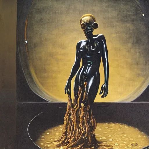 Image similar to dark green steamy hi-tech sci-fi lab at night, realistic gustave coubert painting of hideous and sick black onyx skin woman dressed in rags exposed guts crawling in two legs and dripping golden metalic fluid from intestine into a puddle of golden liquid on the floor. Smokey atmosphere