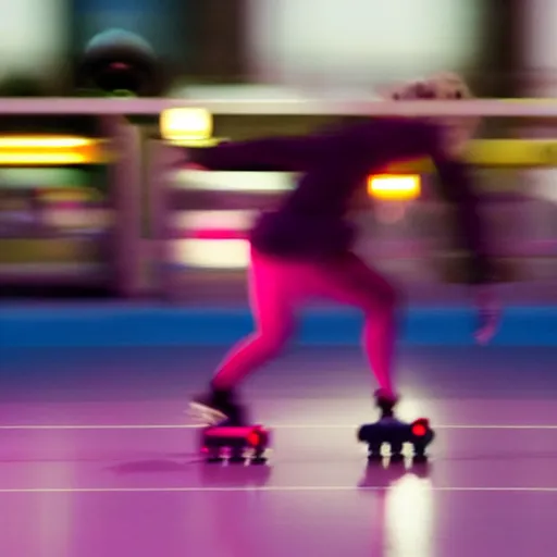 Image similar to a roller skater in a cinematic closeup. in santa monica at blue hour. canon eos c 3 0 0, ƒ 1. 8, 2 0 0 mm. 8 k. inspired by roger deakins cinematography