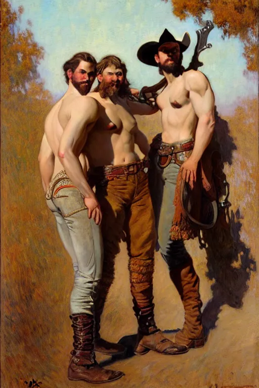Prompt: a homoerotic painting by gaston bussiere, craig mullins, alphonse mucha j. c. leyendecker of two attractive hairy cowboy gunslingers in love standing back to back | bandoliers, shirtless, leather clothing | natural lighting, path traced, highly detailed, high quality, digital painting, trending on artstation