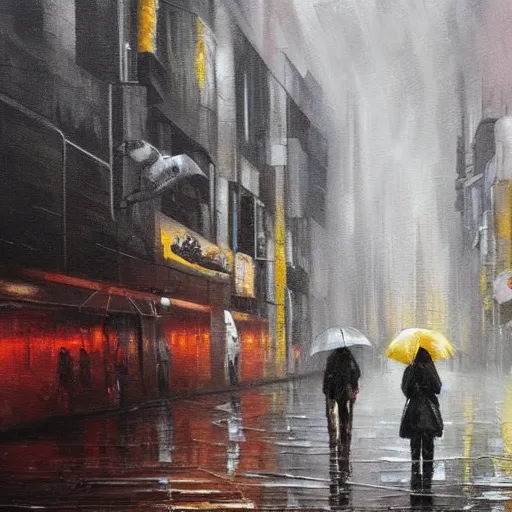 Prompt: people walking through a dystopian city while raining, oil painting, futuristic, dark