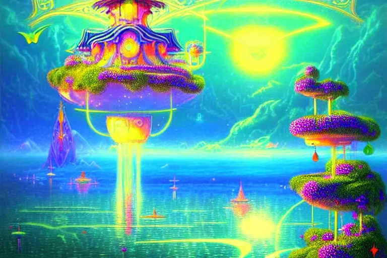 Prompt: Floating island paradise, a fantasy sci-fi dreamworld painting in neon geometric inks, art nouveau by Terese Edvard Guay Kinkade