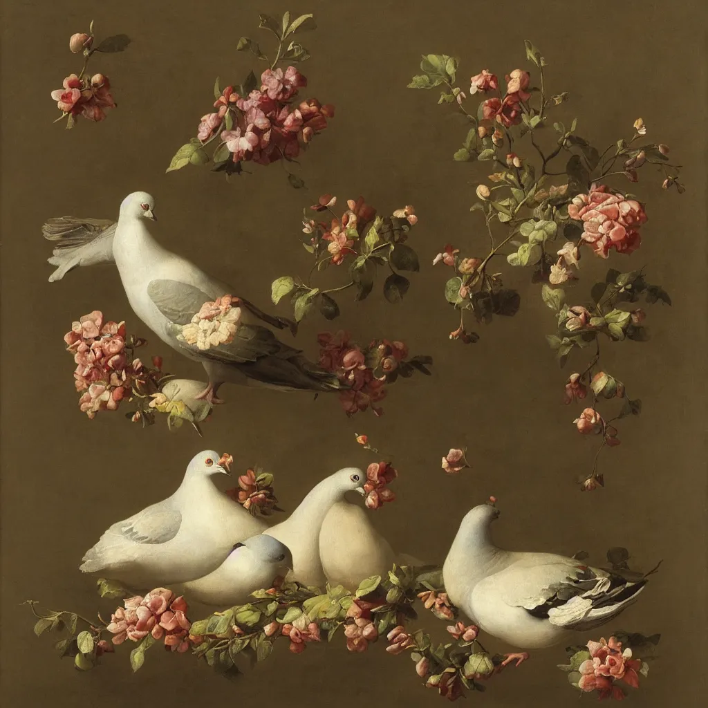 Prompt: pigeon by rachel ruysch, 1 6 9 5