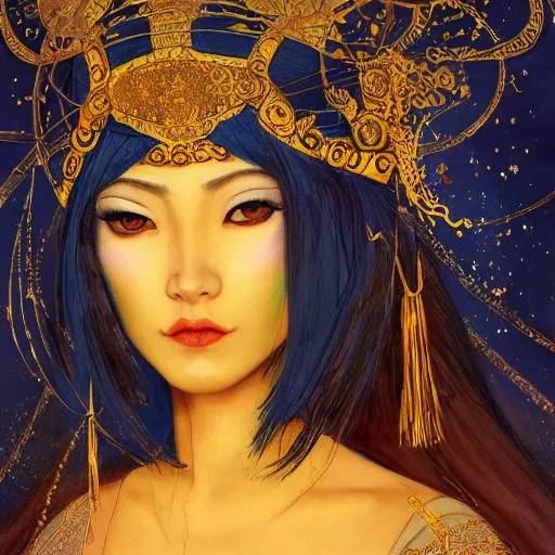 Image similar to painting of junoesque plus size mongolian priestess of the moon, golden filigree armor and tiara, moon above head, dark blue straight hair, smooth translucent skin, wide striking eyes, beautiful! coherent! by brom, by brian froud, strong line, high contrast, muted color, 4 k, trending on artstation