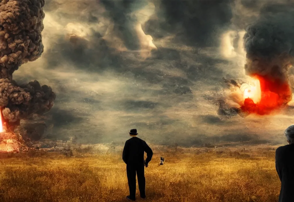 Image similar to old man with ( black cat ) watching nuke explosion cinematic, background blur bokeh, world ending nuke, 4 k