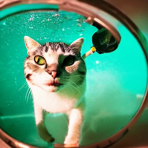 Image similar to photograph of cat wearing diving gear swimming in a vat of acid