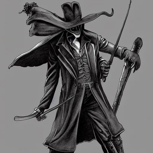 Image similar to a portrait of a plague doctor gunslinger, dark fantasy, horror, western, hell, ultrafine detailed pencil digital art by frank frazetta and vito acconci and and takeshi obata, death note style, symetric body, cgsociety, sharp focus, detailed face