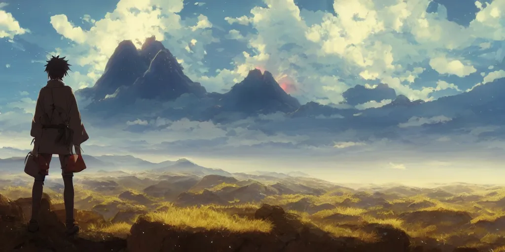 Image similar to anime character in front of an apocalyptic landscape with mountains and the clouds are burning, hyperrealistic, trending on pixiv fanbox, painted by greg rutkowski makoto shinkai takashi takeuchi studio ghibli, akihiko yoshida