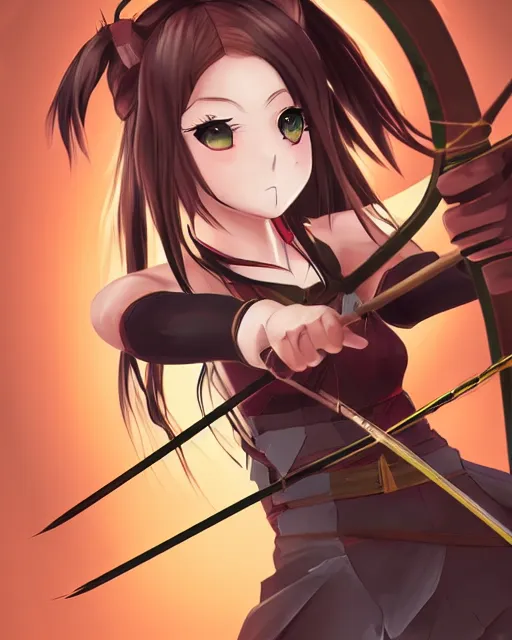 Image similar to anime girl with a bow and arrow, female archer, angry, warrior, realistic face, heroes archery japanese cartoon woman, artstation trending, concept art, digital painting