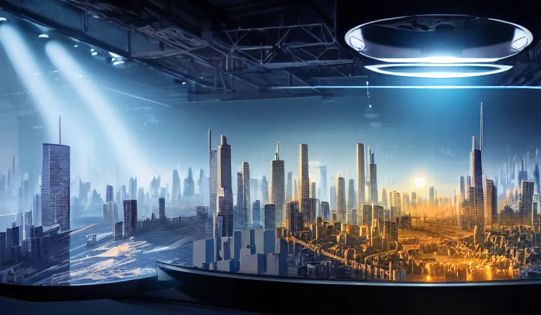 Prompt: sparse crowd of people in walled warehouse, looking at hologram of futuristic city on a table, cinematic concept art, godrays, golden hour, natural sunlight, 4 k, clear details, tabletop model buildings, center model buildings, hologram center, crane shot, crane shot, crane shot