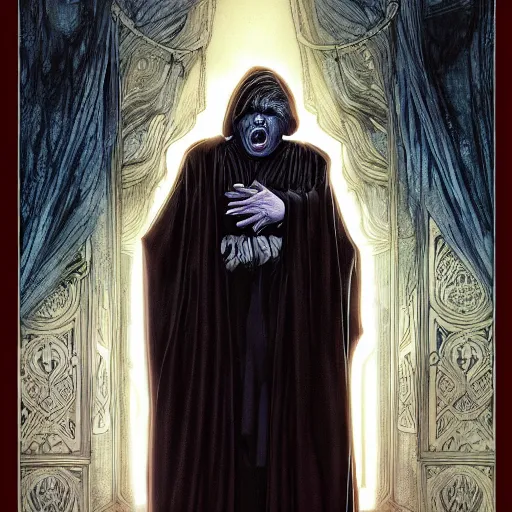 Image similar to a disturbing picture of donald trump as emperor palpatine, intricate, elegant, highly detailed, digital painting, artstation, concept art, matte, sharp focus, illustration, art by rebecca guay and by arthur rackham and by alphonse mucha and by john william waterhouse