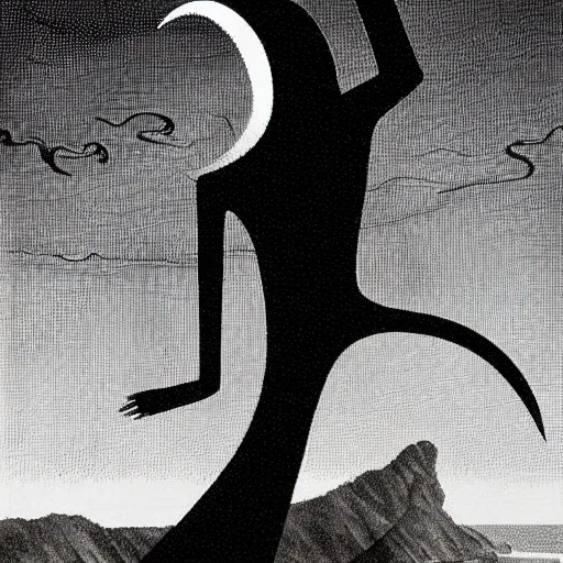 Image similar to A beautiful computer art of a human-like creature with long, stringy hair. The figure has no eyes, only a mouth with long, sharp teeth. The creature is standing on a cliff overlooking a dark, foreboding sea. by Alexander Archipenko composed, imposing